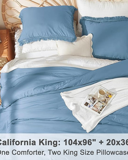 Litanika Grayish Blue Cal King Size Comforter Set, Boho Tassel Comforter Aesthetic 3 Pieces, Lightweight Fringe Microfiber Bedding Set for All Season(1 Comforter 104x96 inch, 2 Pillowcases) - LeafyLoom