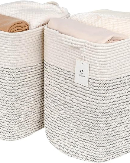 Hampers for Bins Large Blanket Basket,Storage Basket Rectangle Woven Baskets for Storage, Nursery Cotton Rope Basket Living Room, Toy Basket For Organizing, With Handle Dirty Clothes Basket - LeafyLoom