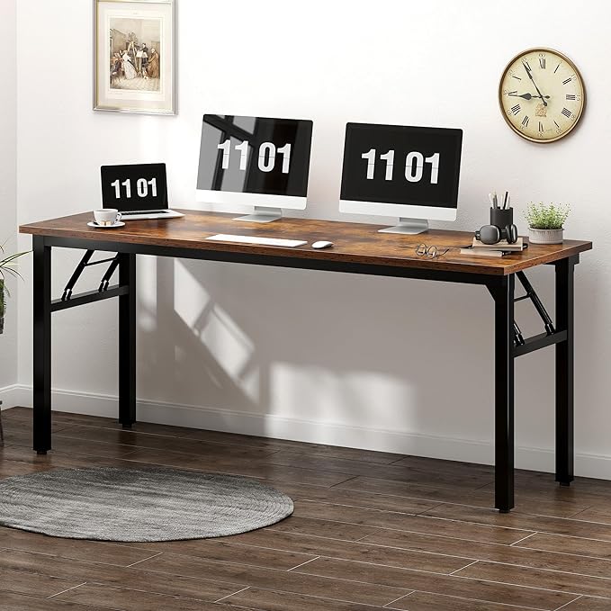 Need Large Computer Desk, 62 inches Long Office Desk, No Install Needed Folding Table Writing Table Workstation for Small Space, Rustic Brown - LeafyLoom