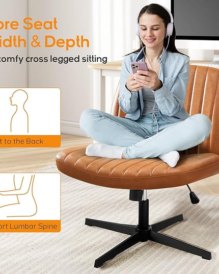 Criss Cross Chair, Cross Legged Office Chair, Wide Comfty Desk Chair, No Wheels Armless Computer Task Chair, Swivel Vanity Home Chair, Height Adjustable - LeafyLoom