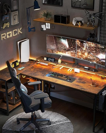ODK 66 Inch Gaming Desk with USB Charging Ports and LED Lights, Reversible L Shaped Computer Desk with Storage Shelves & Monitor Stand, Home Office Desk Table with Power Outlets, Vintage - LeafyLoom
