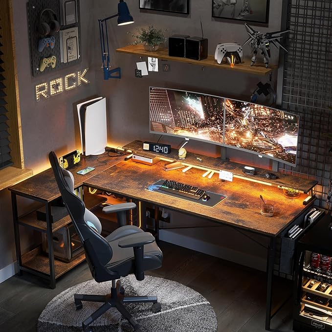 ODK 66 Inch Gaming Desk with USB Charging Ports and LED Lights, Reversible L Shaped Computer Desk with Storage Shelves & Monitor Stand, Home Office Desk Table with Power Outlets, Vintage - LeafyLoom