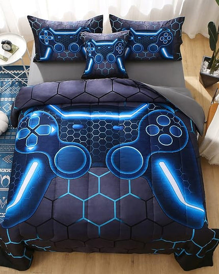JQinHome Queen Gamer Comforter Set,6 Piece Bed in A Bag 3D Video Game Bedding -All Season Down Alternative Gamer Bedding Sets - (Blue Game Controller) - LeafyLoom