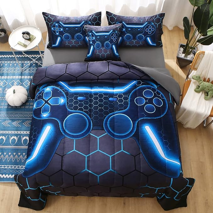 JQinHome Twin Gamer Comforter Set for Boys,6 Piece Bed in A Bag 3D Video Game Bedding -All Season Soft Microfiber Down Alternative Comforter Gamer Bedding Sets for Kids - LeafyLoom