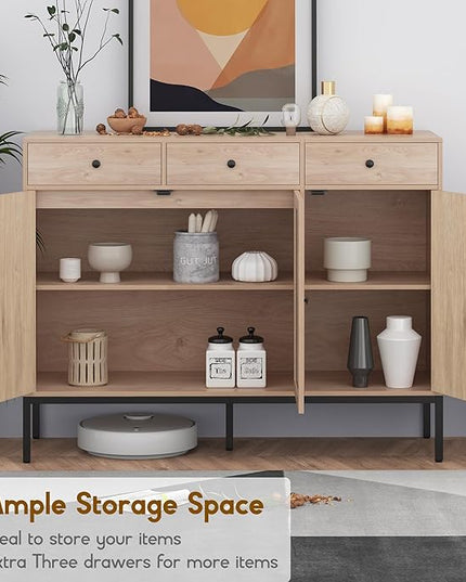 XIAO WEI Sideboard Cabinet Buffet Cabinet with Handmade Natural Decorated Doors and 3 Drawers Rattan Cabinet, Accent Cabinet, Console Table with Metal Legs for Living Room, Hallway, Entryway - LeafyLoom