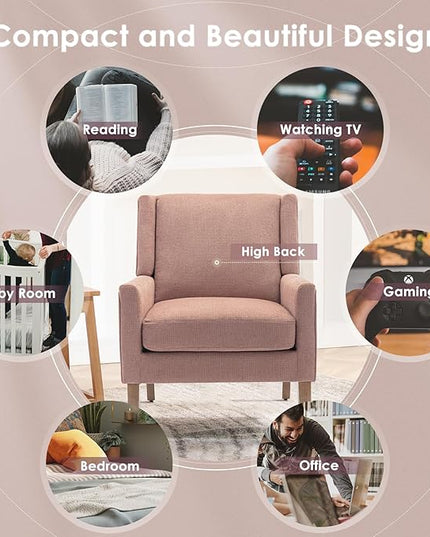 COLAMY Modern Wingback Living Room Chair, Upholstered Fabric Accent Armchair, Single Sofa chair with Lounge Seat and Wood Legs for Bedroom/Office/Reading Spaces, Pink - LeafyLoom