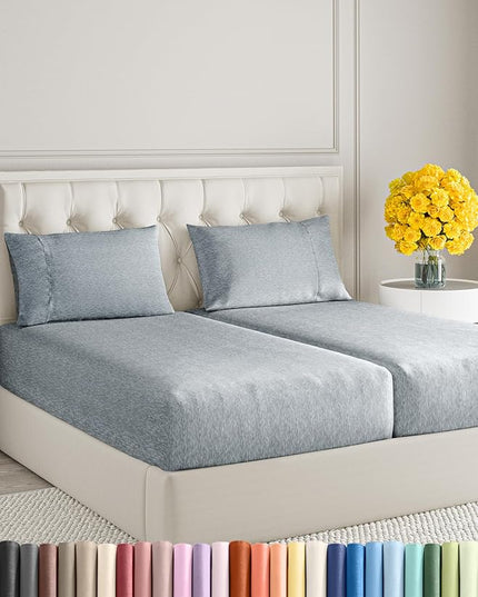 Split King Size 5 Piece Sheet Set - Comfy Breathable & Cooling Sheets - Hotel Luxury Bed Sheets for Women & Men - Deep Pockets, Easy-Fit, Soft & Wrinkle Free Sheets - Heathered Blue Oeko-Tex Sheets - LeafyLoom