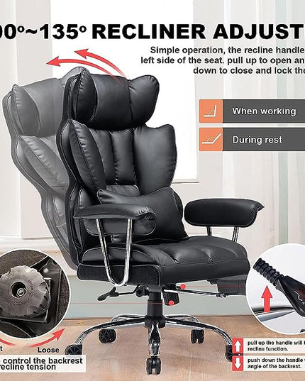 Desk Office Chair 400LBS, Big and Tall Office Chair, PU Leather Computer Chair, Executive Office Chair with Leg Rest and Lumbar Support, Black Office Chair - LeafyLoom