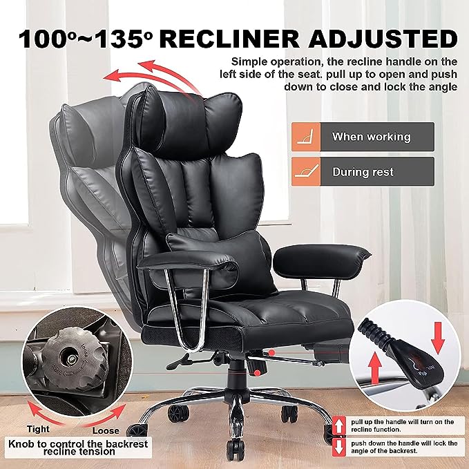 Desk Office Chair 400LBS, Big and Tall Office Chair, PU Leather Computer Chair, Executive Office Chair with Leg Rest and Lumbar Support, Black Office Chair - LeafyLoom