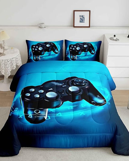 Feelyou Gamer Bedding Set for Boys Full Size Comforter Set Kids Gaming Comforter Blue Gamer Room Decor Video Game Gamepad Bed Set Teens Teenage Bedding Soft Warm 1 Comforter with 2 Pillowcases - LeafyLoom