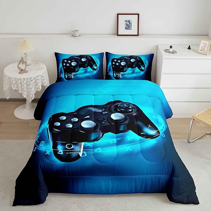 Feelyou Queen Size Gaming Comforter Set for Boys Gamer Bedding Set for Teens Kids Gamer Room Decor Blue Video Games Comforter Duvet Set Gamepad Quilted All Season 1 Comforter with 2 Pillow Cases - LeafyLoom