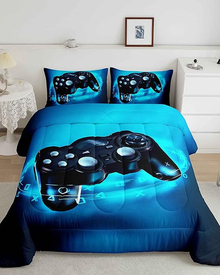 Feelyou Gamer Comforter Sets for Boys Twin Bedding Set for Boys Kids Gaming Comforter Gamer Room Decor Blue Video Game Bed Set Teens Bedroom Gamepad Duvet Set All Season 1 Comforter with 1 Pillow Case - LeafyLoom