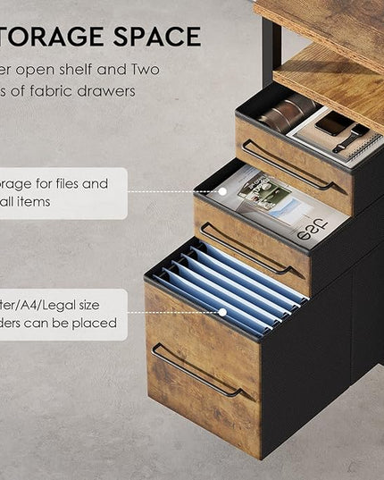 Ｍａｉｈａｉｌ Maihail Small Desk with Drawers, 40 inch Computer Desk with Shelves, Writing Desk with Storage, Small Office Desk with Metal Frame, Rustic Brown2 - LeafyLoom