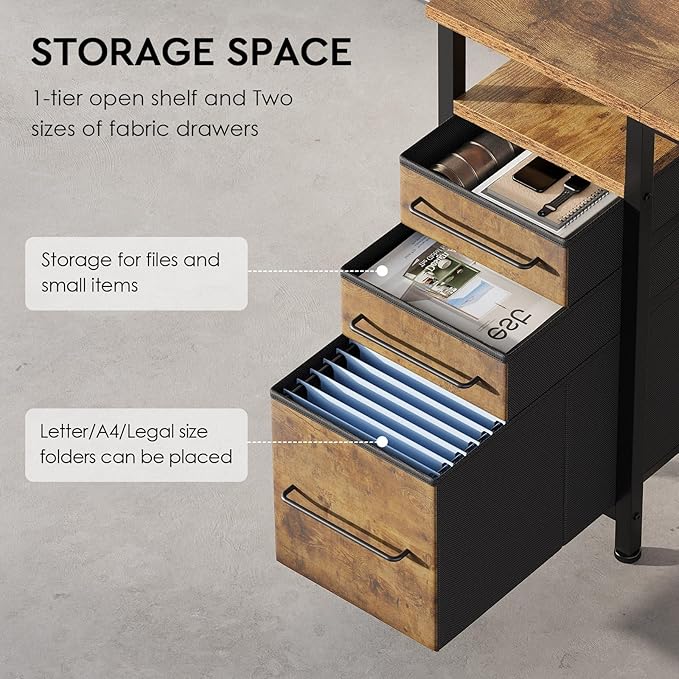 Ｍａｉｈａｉｌ Maihail Small Desk with Drawers, 40 inch Computer Desk with Shelves, Writing Desk with Storage, Small Office Desk with Metal Frame, Rustic Brown2 - LeafyLoom