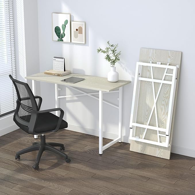 47 inch Folding Desk, Writing Gaming Computer Camping Table, No Assembly Required Home Office Desk, Natural and White - LeafyLoom
