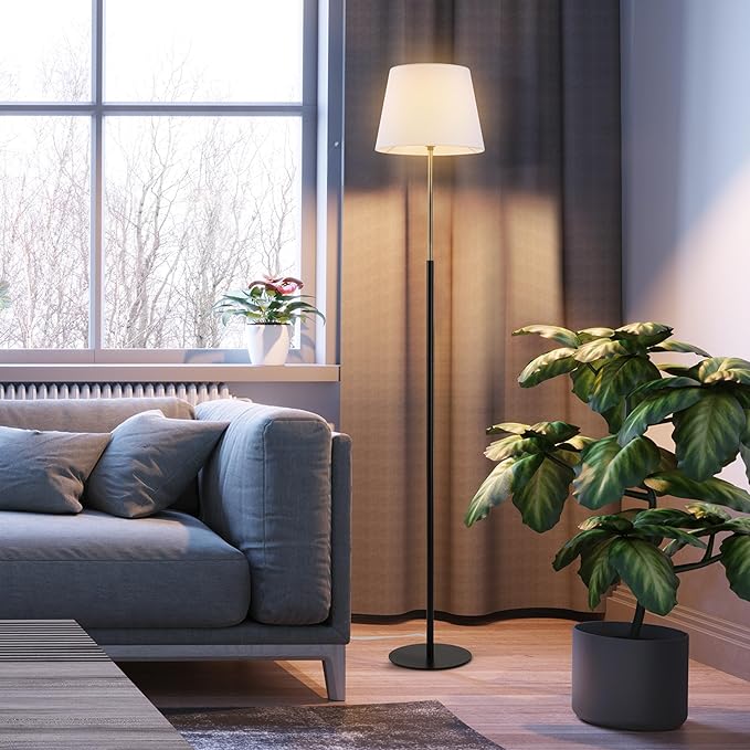 Globe Electric 61000051 60" Floor Lamp, Matte Black, Brass Accents, White Linen Shade, Flat Iron Base, On/Off Rotary Switch on Socket, Reading Lamp, Home Office Accessories, Home Décor - LeafyLoom