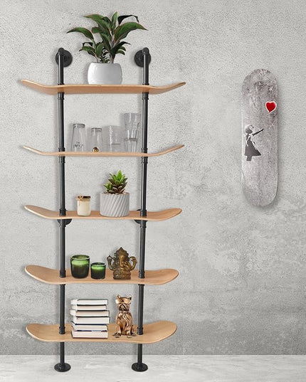 Industrial Shelves - 5 Tier Industrial Decor Pipe Bookcase Using 7 Ply Skateboard Decks - Natural Wood Stain Finish - Bathroom Wall Decor, Living Room Furniture, Book Shelf for Skateboard Enthusiasts - LeafyLoom