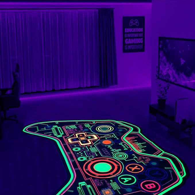 Gaming Rug Teen Boys Carpet Glow in The Blacklight Gamer Rug for Boys Room Playroom Non-Slip Area Rug Kids Boys Girls Game Room Casual Mat (60"x39") - LeafyLoom