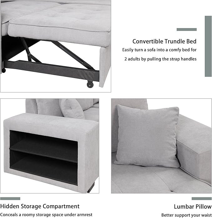 104" L Shape Reversible Sectional Sofa w/Pull Out Bed &Storage Chaise, Linen Upholstered Sleeper Couch with 2 Stools, for Living Room, Bedroom and Small Apartment, 104 Inch, Gray - LeafyLoom