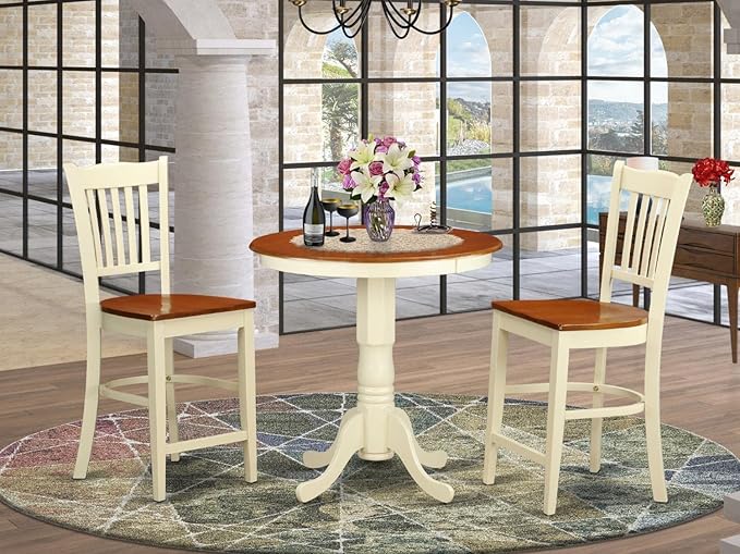 East West Furniture EDGR3-WHI-W Eden 3 Piece Kitchen Counter Set for Small Spaces Contains a Round Room Table with Pedestal and 2 Dining Chairs, 30x30 Inch, Buttermilk & Cherry - LeafyLoom