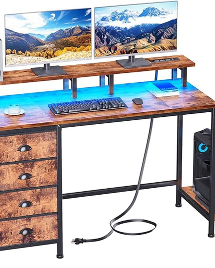 Furologee Desk with Power Outlets and LED Lights, 47in Gaming Computer Desk with 4 Fabric Drawers, Home Office Desk with Full Monitor Stand and Shelf, Study Writing Desk Bedroom, Rustic Brown - LeafyLoom