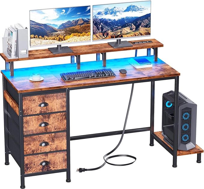 Furologee Desk with Power Outlets and LED Lights, 47in Gaming Computer Desk with 4 Fabric Drawers, Home Office Desk with Full Monitor Stand and Shelf, Study Writing Desk Bedroom, Rustic Brown - LeafyLoom