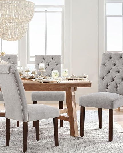 COLAMY Button Tufted Dining Chairs Set of 2, Parsons Upholstered Fabric Dining Room Chairs Kitchen Chairs with Wood Legs and Padded Seat, Light Grey - LeafyLoom