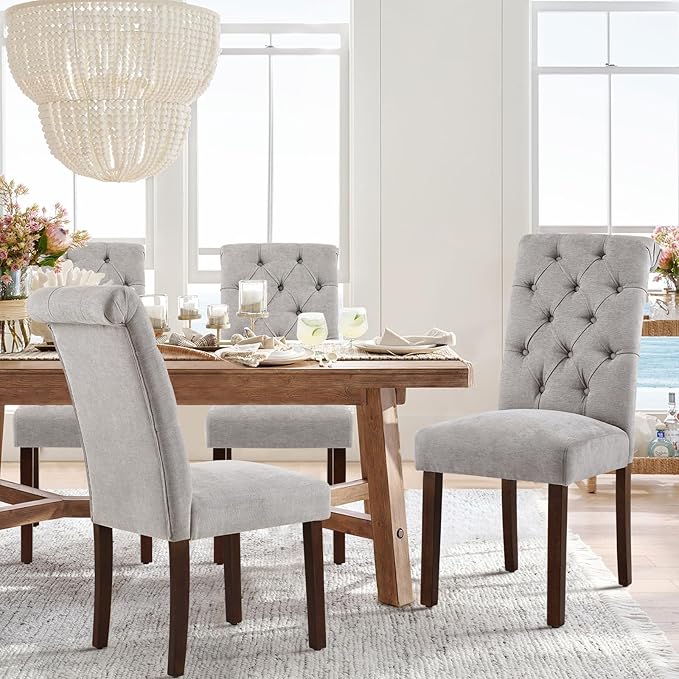 COLAMY Button Tufted Dining Chairs Set of 6, Parsons Upholstered Fabric Dining Room Chairs Kitchen Chairs with Wood Legs and Padded Seat, Light Grey - LeafyLoom