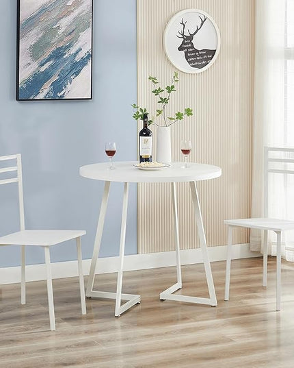 VECELO Small Round Dining Table Set for 2, Wood Tabletop with Strong Metal Frame, Modern Dinette with Chairs for Kitchen, Breakfast Nook Living Room, Solid white - LeafyLoom