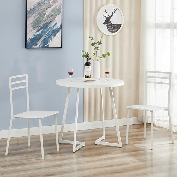 VECELO Small Round Dining Table Set for 2, Wood Tabletop with Strong Metal Frame, Modern Dinette with Chairs for Kitchen, Breakfast Nook Living Room, Solid white - LeafyLoom