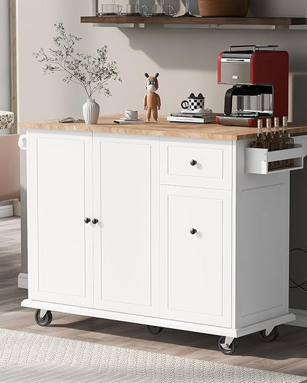 53.9" Drop Leaf, Rolling Island on Wheels w/Drawer and 3-Tier Pull Out Cabinet Organizer, Kitchen Storage Cart with Spice, Towel Rack, White, 53.94 Inch - LeafyLoom