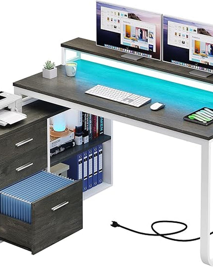 YITAHOME L Shaped Desk with Power Outlets & LED Lights & File Cabinet, 55" Corner Computer Desk with 3 Drawers & 2 Storage Shelves, Home Office Desk with Monitor Stand, White & Grey - LeafyLoom