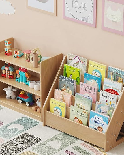 Front-Facing Montessori Bookshelf,5 Tier Book Display Shelf for Toddler,Kids Storage Magazine Rack,Solid Wood Bookcase Organizer,Perfect for Playroom,Bedroom,Study Living Room,Nursery,Classroom - LeafyLoom