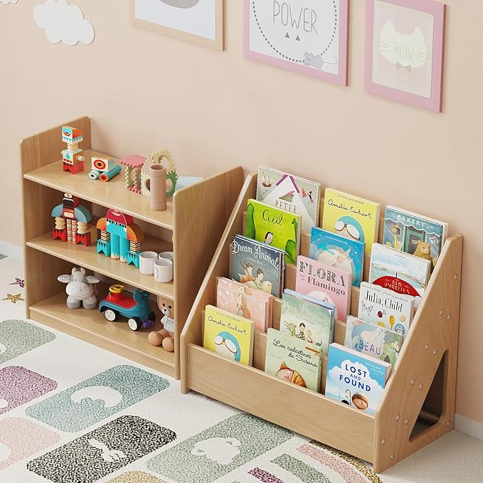 Front-Facing Montessori Bookshelf,5 Tier Book Display Shelf for Toddler,Kids Storage Magazine Rack,Solid Wood Bookcase Organizer,Perfect for Playroom,Bedroom,Study Living Room,Nursery,Classroom - LeafyLoom