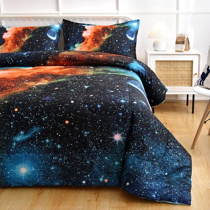 A Nice Night Black and Blue Galaxy Bedding Sets 3D Printed Cloud Quilt Comforter Sets with 2 Bedroom Pillow Covers Twin Size - LeafyLoom