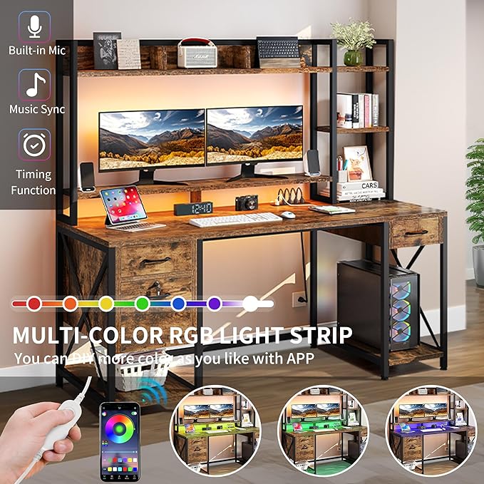 DWVO Computer Desk with Drawers & Hutch, 59.1" Office Desk with Power Outlets & LED Lights, Home Office Desk with Storage Shelves, Rustic Brown - LeafyLoom