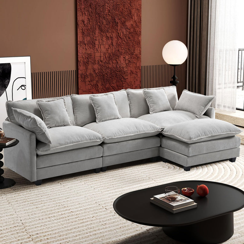 Ihanherry 111.4" L Shaped Modern Sofa Modular Sectional Cloud Couch with Ottoman, 4-Seat Chenille Deep Seat Sofa with Pillow for Living Room, Bedroom and Apartment, Beige LeafyLoom