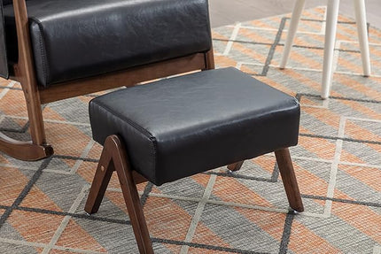 Armchair with Ottoman, Mid-Century Upholstered Accent Nursery, Glider Rocker Thick Cushion, Comfy Indoor Leisure Lounge Living Room, Bedroom, Office, Rocking Chair, Black - LeafyLoom
