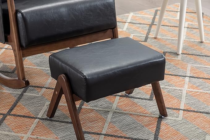 Armchair with Ottoman, Mid-Century Upholstered Accent Nursery, Glider Rocker Thick Cushion, Comfy Indoor Leisure Lounge Living Room, Bedroom, Office, Rocking Chair, Black - LeafyLoom