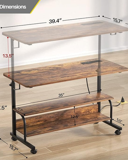 Height Adjustable Standing Desk with Power Outlets, 39" Manual Stand Up Desk with Storage Shelves Small Mobile Rolling Computer Desk Portable Laptop Table with Wheels for Home Office, Rustic - LeafyLoom