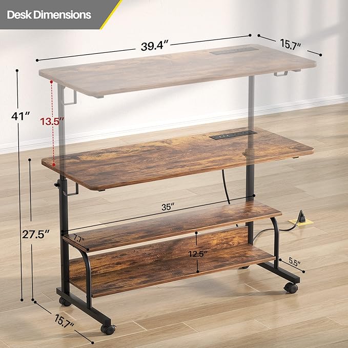 Height Adjustable Standing Desk with Power Outlets, 39" Manual Stand Up Desk with Storage Shelves Small Mobile Rolling Computer Desk Portable Laptop Table with Wheels for Home Office, Rustic - LeafyLoom