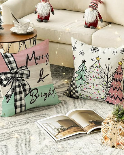 AVOIN colorlife Merry Christmas Joy Xmas Trees Colorful Throw Pillow Covers, 18 x 18 Inch Christmas Winter Holiday Cushion Case Decoration for Sofa Couch Set of 4 AVOINcolorlife