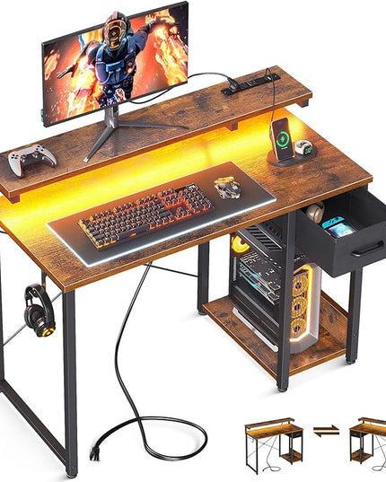 AODK Gaming Desk with LED Lights & Power Outlet, 40 Inch Computer Desk with Drawer, Reversible Desk with Adjustable Monitor Shelf & Headphone Hook for Home Office, Rustic Brown - LeafyLoom