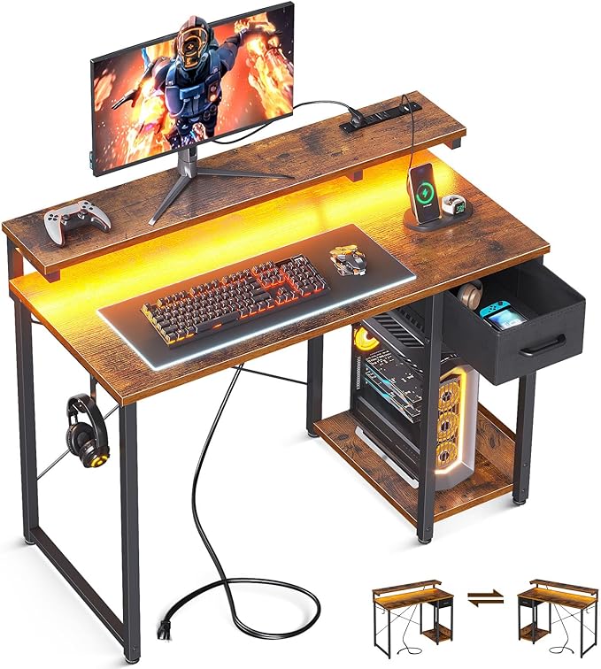 AODK Gaming Desk with LED Lights & Power Outlet, 40 Inch Computer Desk with Drawer, Reversible Desk with Adjustable Monitor Shelf & Headphone Hook for Home Office, Rustic Brown - LeafyLoom
