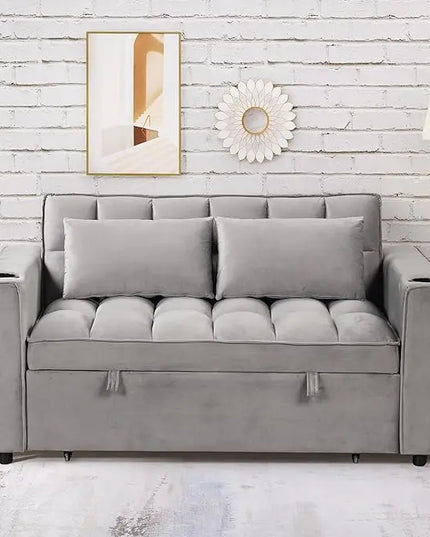 Multi-Functional Futon Loveseat Pull Out Couch , Velvet Upholstered Convertible Sleeper Sofa Bed with Cupholders and USB Ports , 2 Seater Love Seat Lounge Chaise w/ Adjustable Backrest RV Furniture - LeafyLoom