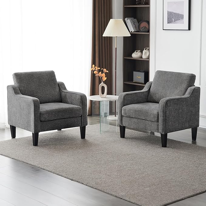 VINGLI Accent Chairs Set of 2 for Living Room Chairs Mid Century Modern Chair Soft Chenille Sofa Chair Upholstered Arm Chair Comfy Chair for Bedroom, Play Room, Apartment (Light Grey) - LeafyLoom