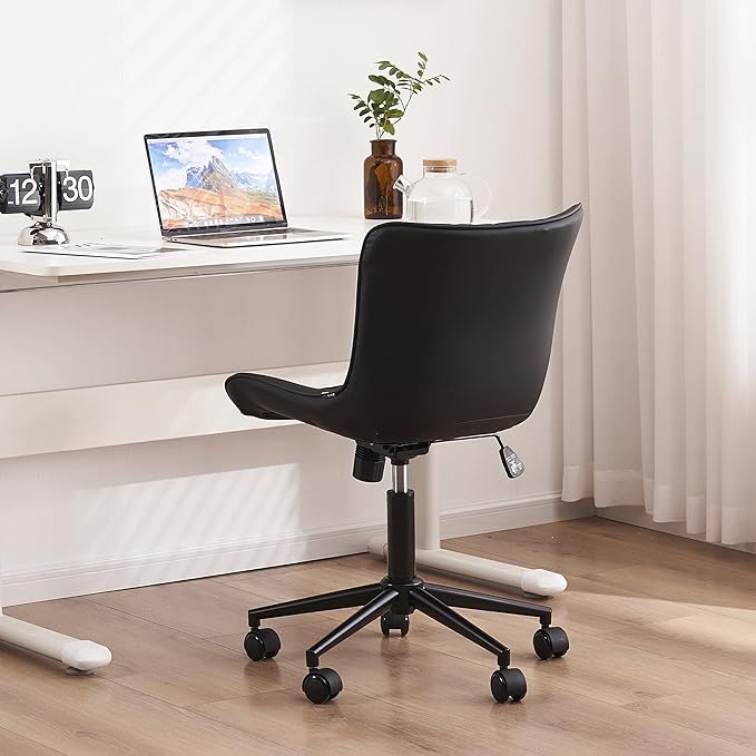 YOUTASTE Office Chair Modern Armless Desk Chair with Wheels, Adjustable Swivel Rolling Computer Task Chair, Faux Leather Sewing Chairs, Ergonomics Rocking Home Gaming Lounge Vanity Chairs, Black - LeafyLoom