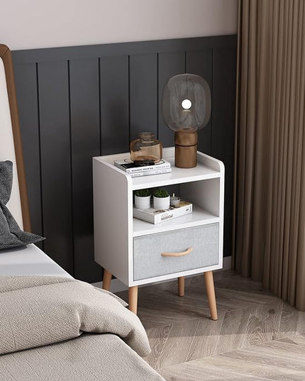 LUCKNOCK NightStand with Fabric Drawer, Bedside Table with Solid Wood Legs, Minimalist and Practical End Side Table with Open Storage Shelf for Bedroom, White. - LeafyLoom