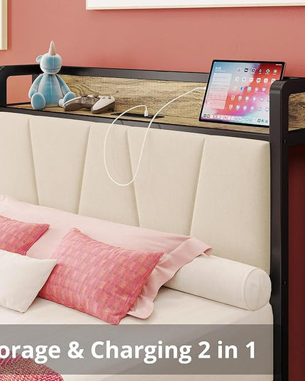 LIKIMIO Twin XL Bed Frames, Storage Headboard with Charging Station, Solid and Stable, Noise Free, No Box Spring Needed, Easy Assembly (Walnut and Beige) - LeafyLoom