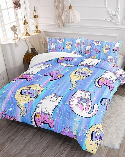 Datura home Cat Comforter Set Blue Kawaii Cat Printed Quilt Bedding Set with 1 Comforter and 2 Pillowcases for Boys and Girls Bedroom All Season(Blue Cat Full) - LeafyLoom